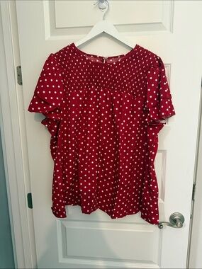 Red Polka Dot Smocked Flutter Sleeve Top